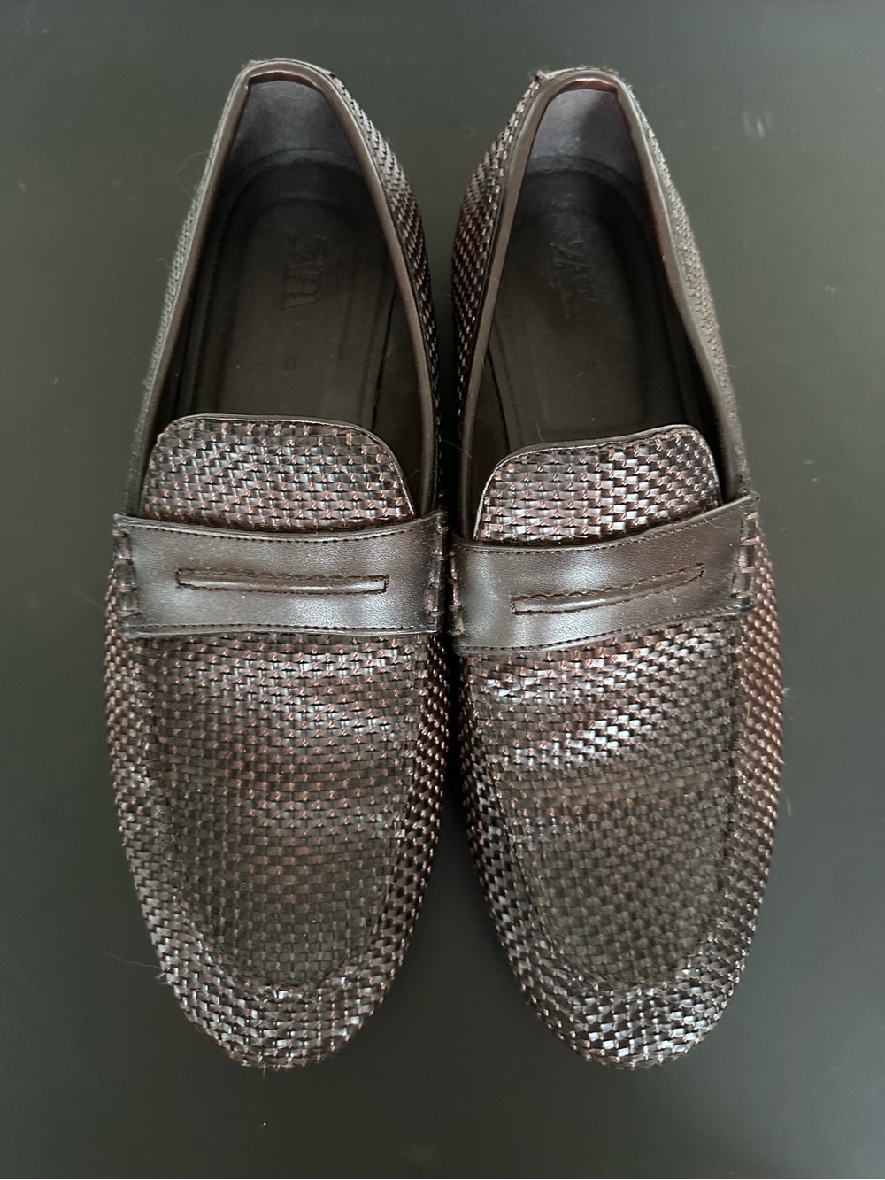 Zara Men's Dark Brown Woven Leather Penny Loafers